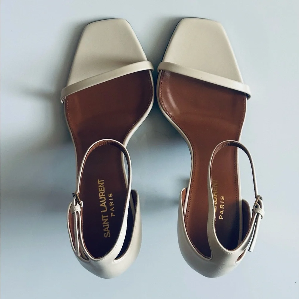 Saint Laurent Cream Heels with Gold Logo - Picture 8 of 11